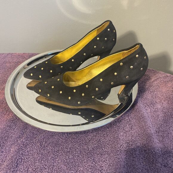 Paloma Women's Italian Made Shoes Black Suede 8B‎ Studs 3” Heals - Picture 5 of 10